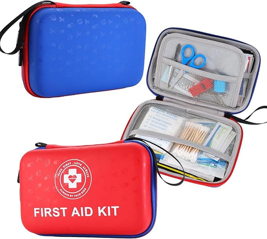 Premium First Aid Kit - 305 Piece Dual-Color Emergency Kit with Hard Shell & Fluorescent Interior Coating, Compact Survival Kit for Home, Car, Travel, Hiking & Outdoor(Red/Blue)