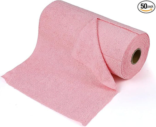wuyaoyao 50PCS Microfiber Cleaning Cloth Roll, 10"×10" Tear Away Microfiber Towels, Reusable Washable Cloth Paper Towels, Multi-Purpose Cleaning Rags for Car Home Kitchen Garage Shop (Pink)
