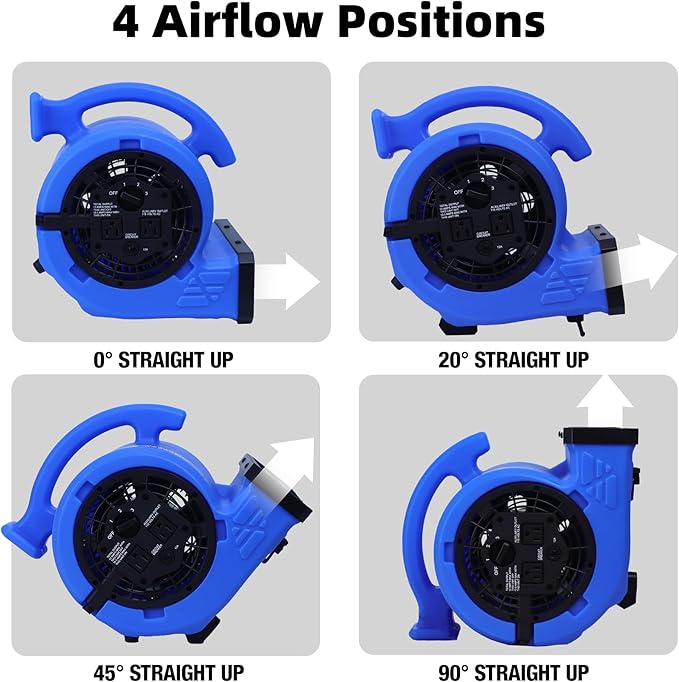 BEYOND BREEZE 1/4 HP 1000 CFM Air Mover Blower Fan, Heavy-Duty Floor Blower with 3 Speeds & 4 Adjustable Angles, Built-in Dual AC Outlets, Carpet Drying, Workshop Ventilation, Commercial Use