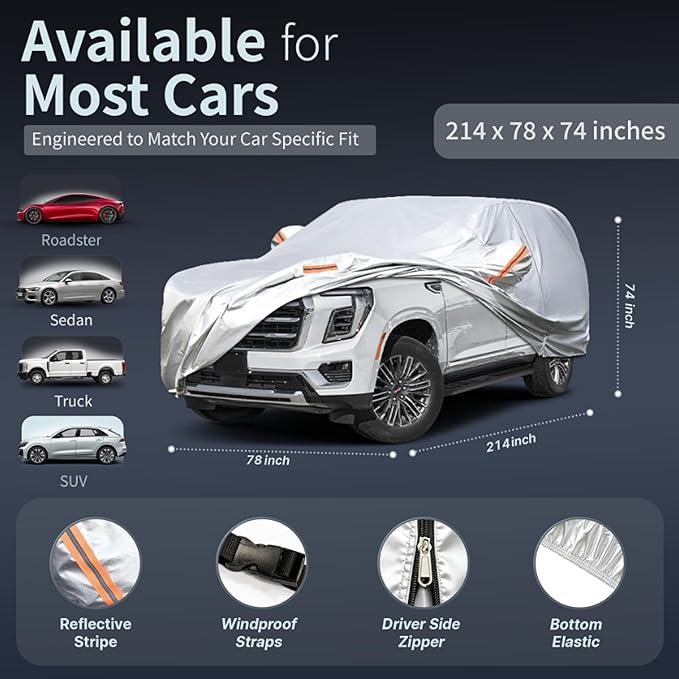 Car Cover Waterproof All-Weather,Heavy-Duty Outdoor Full Exterior Automobiles Snow Cover for SUV 202-218 inch,with Sun Visor,Anti-Scratch Cotton Lining & Zippered,Towel&Storage Bag