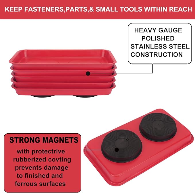 5 PCS Magnetic Trays, 9.4X5.5x1.4Inch, Magnet Tool Tray, Magnetic Parts Tray, Red, by GENHAKON