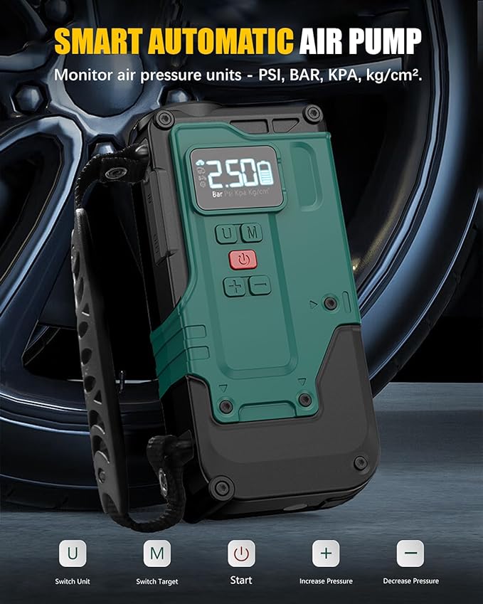 Cordless Tire Inflator Portable Air Compressor - 8000mAh & 12V DC Dual Power, 8X Faster, 150 PSI Air Pump for Car Tires, Bicycle, Motorcycle, Ball, with Pressure Gauge, LED Light, Auto Shut-Off