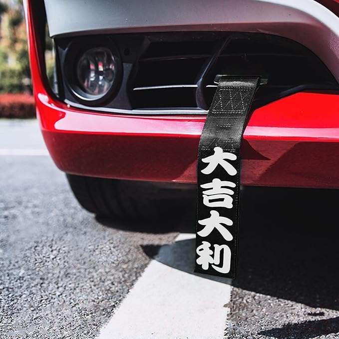 x xotic tech Tow Strap JDM Sports Black Racing Tow Strap Car Modification Decorative Trailer Belt Personalized with Chinese Slogan Fit for Rear Front Bumper (Good Luck/The Hope of Whole Village)