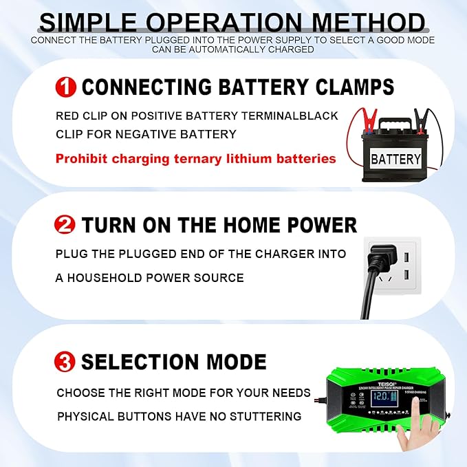 Battery Charger,12-Amp 12V/24V Smart Battery Trickle Charger - Automotive Battery Maintainer Desulfator with Temperature Compensation for Car Motorcycle Mower Marine Lead Acid/LiFePO4 (Green)
