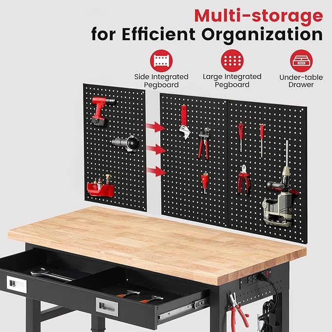 ENJOYWOOD 48" x 24" Garage Workbench Adjustable Height Work Table with Drawers, Pegboard and Power Outlets Heavy Duty Rubberwood Top Work Bench for Workshop & Home