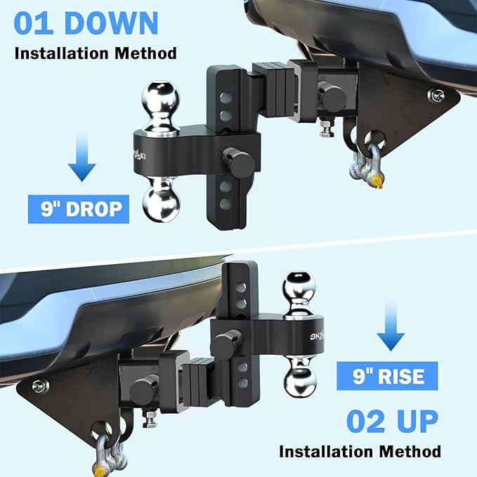 Adjustable Trailer Truck Drop Hitch - Fits 2 Inch Receiver Only, 8 Inch Drop Dual Ball Mount 2" and 2-5/16" Up to 12,500 LBS GTW, Heavy Duty Aluminum Towing Hitch with 2 Hitch Locks & 4 Silencer Pads