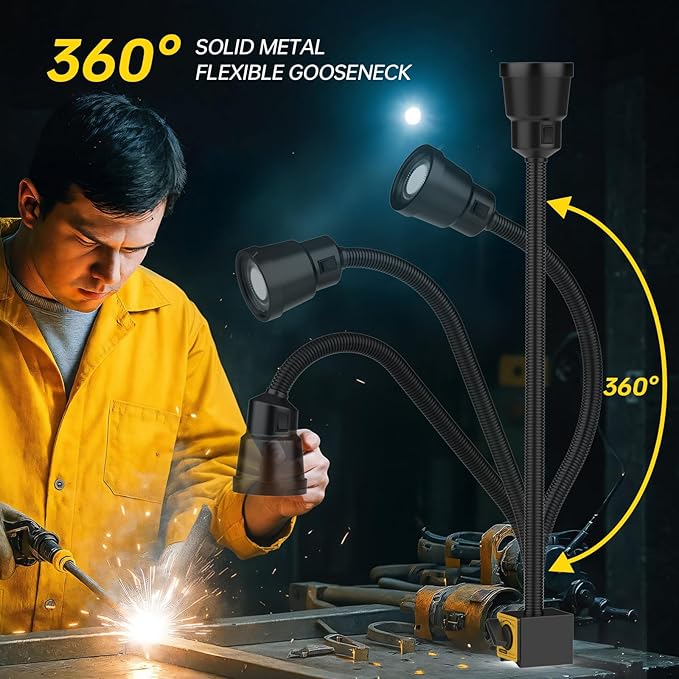 Magnetic Work Light, 9W Wood Machine Light, 900 Lumens Flexible Work Lamp for Lathe Milling Machine Drill Press, Aluminum Alloy Light Head