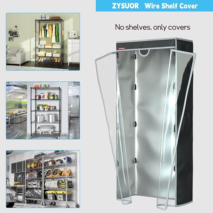 Wire Shelf Cover 36.2" W x 20.5" D x 60" H – Waterproof Dustproof Rack Cover with Clear PVC Front & T-Zipper, Black Storage Organizer for Home, Laundry or Basement (No Shelves)