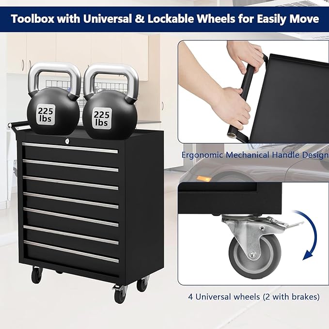 IDEALHOUSE Rolling Tool Chest, 7 Drawers Tool Storage Cabinet, Toolbox with Wheels, Portable Tool Cabinet Organizer with Locking System & Drawer Liners, Tool Storage Cart for Garage, Workshop, Black