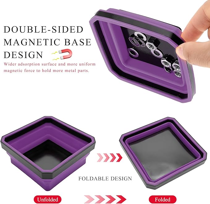 Collapsible Magnetic Parts Tray, 4.5" Square Silicone Tool Tray with Dual-Sided Magnetic Base, Foldable Small Metal Parts Organizer Storage Bowl for Screws Bolts Nuts Washers (Purple)