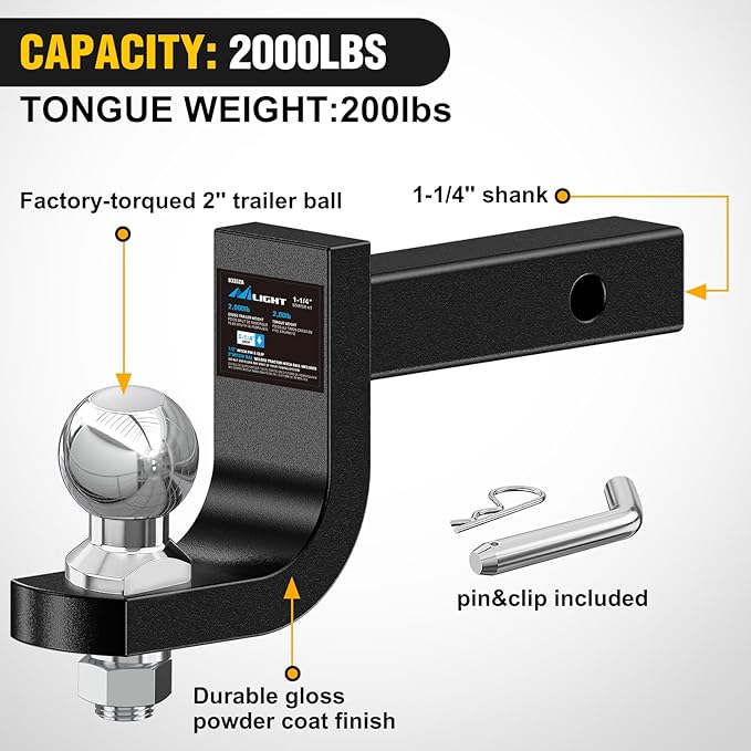 Nilight Trailer Hitch Ball Mount with 2-Inch Ball 1/2" Hitch Pin Clip Fits 1-1/4 Inch Receiver Square 2000 lbs 3-1/4"Drop Gloss Black Powder Coat