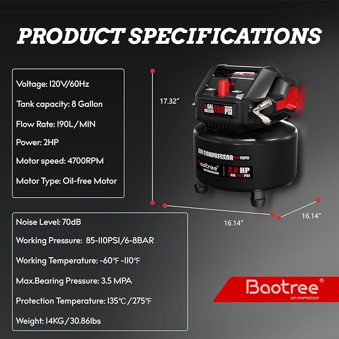 Baotree 8 Gallon Portable Air Compressor, Max 150PSI Oil Free Air Compressor Tank, 2HP Motor 2.8SCFM@90 PSI,3.8SCFM@40PSl Garage Air Compressors for Car Repair, Spray Painting, Woodwork Nailing