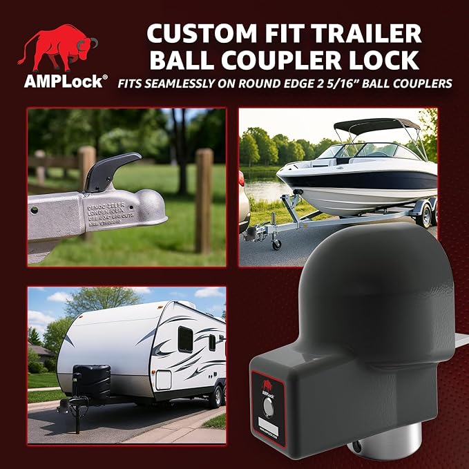 AMPLock - U-BRA2516 Heavy Duty Trailer Coupler Lock, 2 5/16" Trailer Hitch Lock for RV, Trailer Ball Lock, Anti-Theft Coupler Ball Lock, Round Edge Collar Lock Design, Push-to-Lock Security System