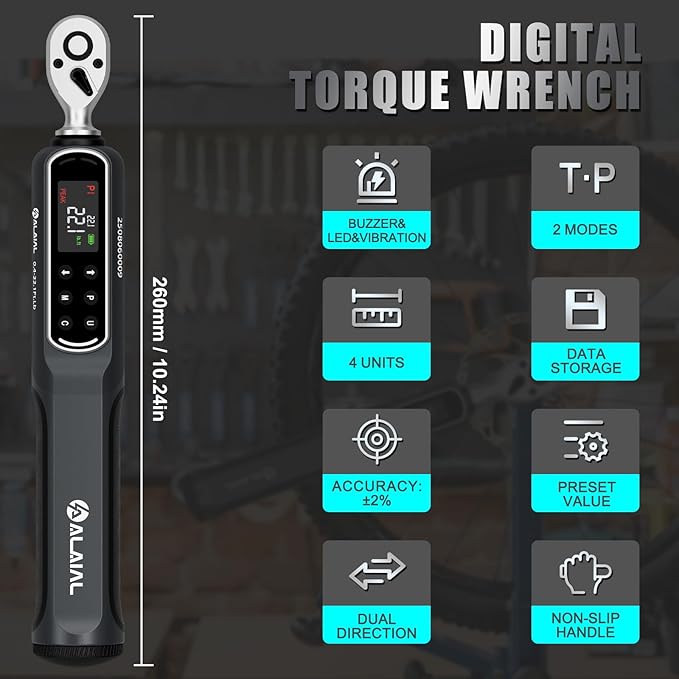 Digital Torque Wrench 0.4-22.1 Ft.Lb/0.5-30 Nm, 1/4 Drive Dual Direction Rachet Torque Wrench with Vibration, Buzzer and LED Alert, Electronic Torque Wrench for Bike Motorcycle Car Repair