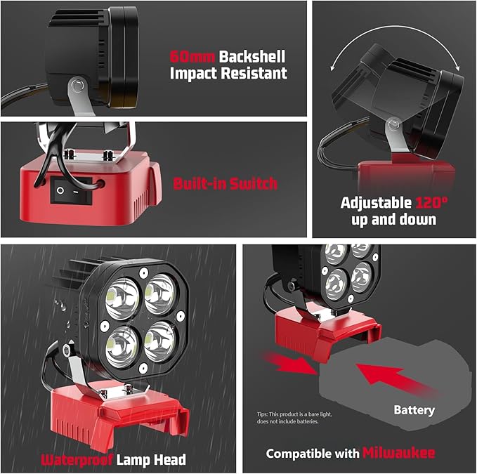 6000LM Work Light Compatible with Milwaukee 18V Battery, Portable 40W LED Light with Low Voltage Protection Adjustable 120° Flashlight Gift for Car Repairing, Workshop, Outdoor, Emergency