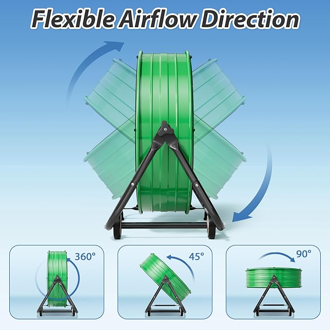 LifePlus 24 Inch Industrial Drum Fan, 320W High Velocity Floor Fan, 3 Speed Heavy Duty Metal Air Circulator, 360° Tilt with Casters Handle ETL Standard for Patios, Warehouse, Garage, 8900CFM，Green