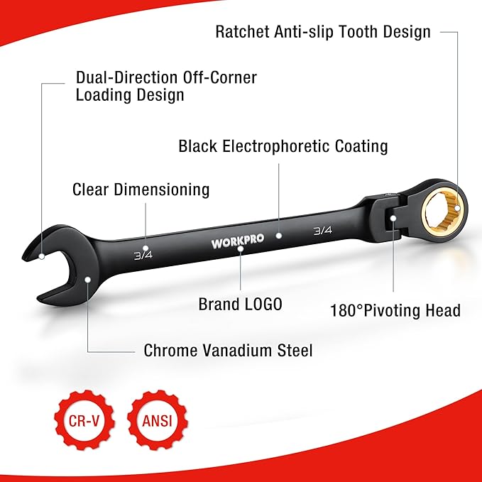 WORKPRO 8-piece Flex Head Ratcheting Wrench Set, Anti-slip Set SAE 5/16-3/4 inch, 72-Teeth, Cr-V Constructed, Black Electrophoretic Coating with Rack Organizer