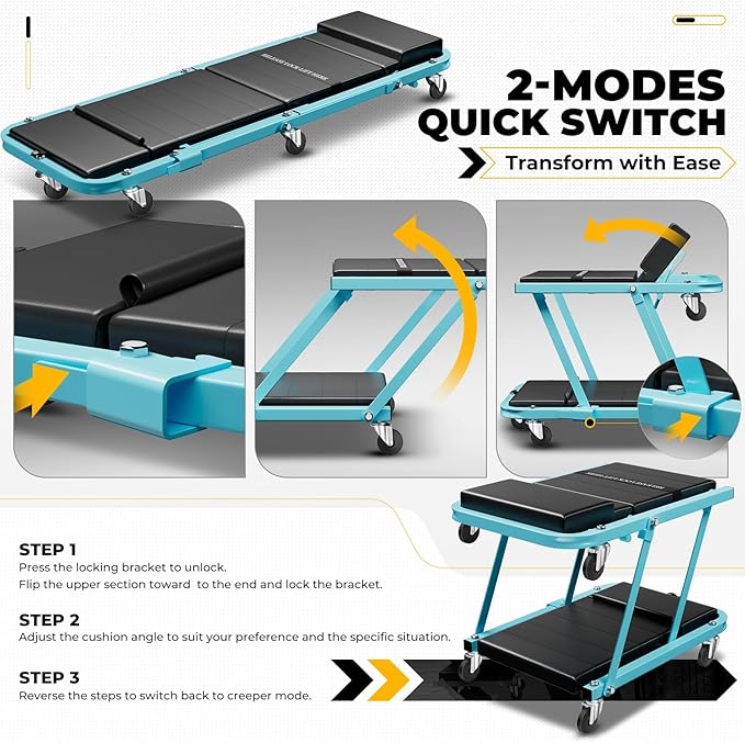 Auto Dynasty 48" Z-Creeper Seat, 2-in-1 Foldable Garage Creeper Shop Seat, 330 LBS Capacity Automotive Mechanic Repair Under Car Rolling Creeper Seat, Sky Blue