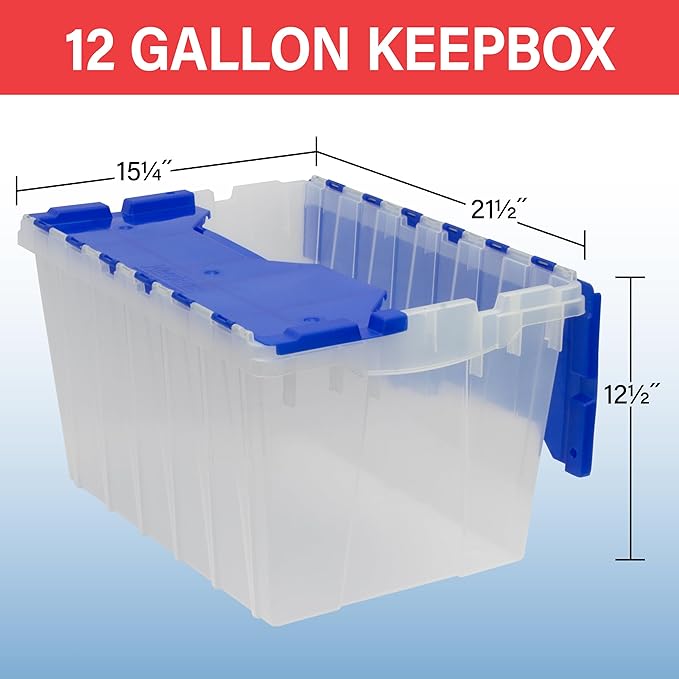 Akro-Mils KeepBox 12 Gallon Storage Container, Nesting and Stackable Plastic Storage Box with Lid Attached, Clear Tote for Garages, Closets, and Moving, 21-1/2" x 15" x 12-1/2", Clear/Red, 6-Pack