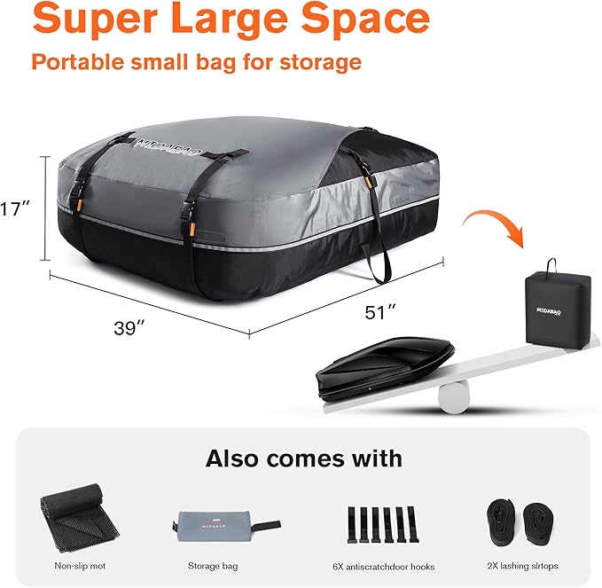 Waterproof Rooftop Cargo Carrier Bag, 100% Waterproof Sealing with Anti-Slip Mat, Fits Vehicles with or Without Roof Rack, 21 Cubic Feet