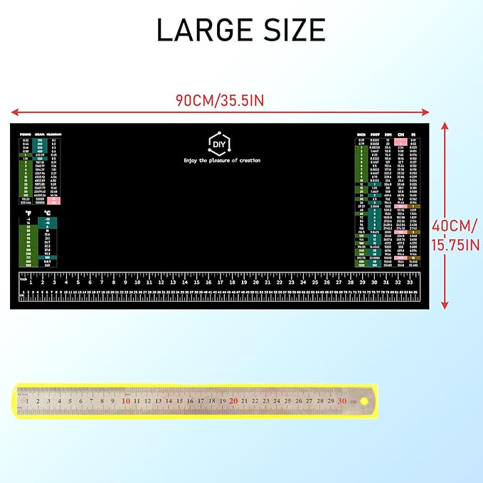 Workbench Mat, 35.5" X 16" DIY Silicone Rubber Large Work Bench Table Hobby Neoprene Tool Mat Pad Ruler Set with SAE/Metric Ruler Standard Metric Conversion Charts