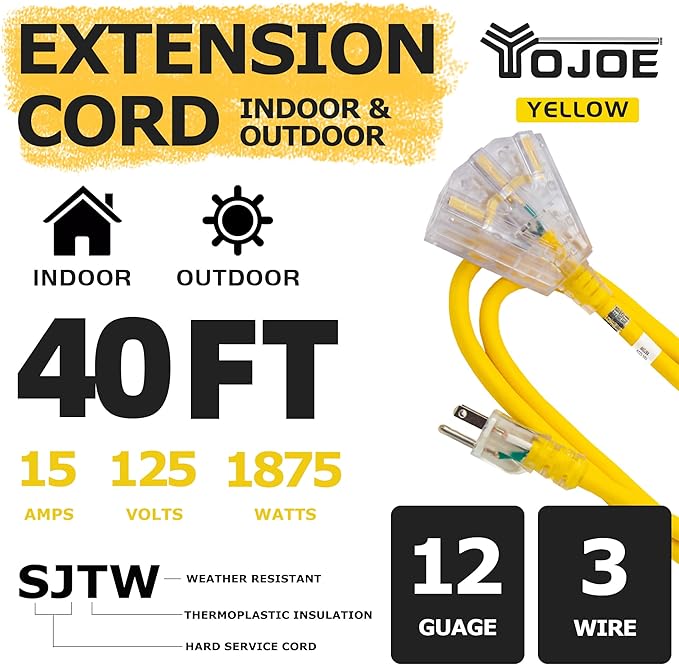 YOJOE 3-Outlets Indoor Outdoor Extension Cord with Lighted End, 3 Prong 15A Weatherproof Power Cord, 12 Gauge Heavy Duty 40 ft Yellow Extension Cord Multiple Outlets, 12/3 SJTW UL Listed
