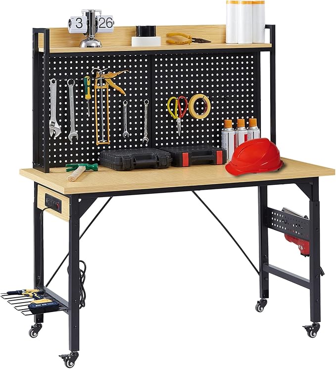 Zevemomo 48" Adjustable Height Workbench with Pegboard, Work Benches for Garage, Heavy Duty Wood Top Work Bench with Wheels, 2000 LBS Load Capacity, Rolling Work Table with Outlet Storage Shelf Hooks