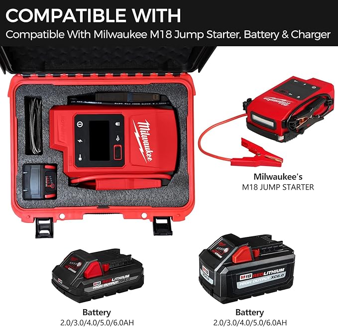 Waterproof Hard Carrying Case for Milwaukee M18 Hotshot Jump Starter 3841-20, Custom Foam Protective Storage Box Holds Jump Starter + 1 M18 Battery, Rugged Travel Organizer (Case Only)