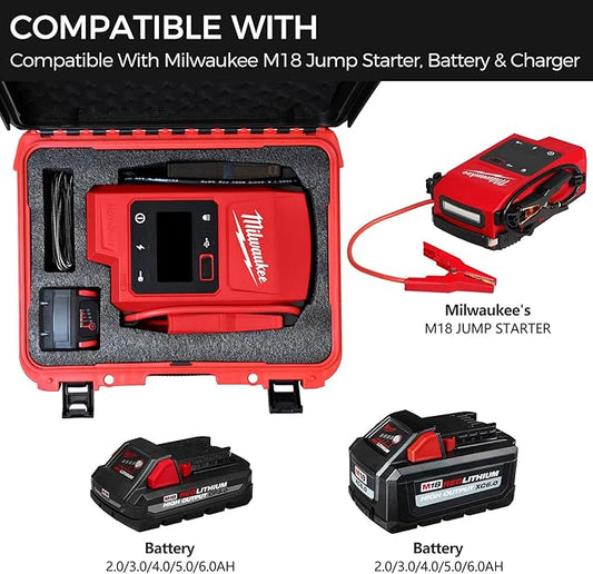 Waterproof Hard Carrying Case for Milwaukee M18 Hotshot Jump Starter 3841-20, Custom Foam Protective Storage Box Holds Jump Starter + 1 M18 Battery, Rugged Travel Organizer (Case Only)