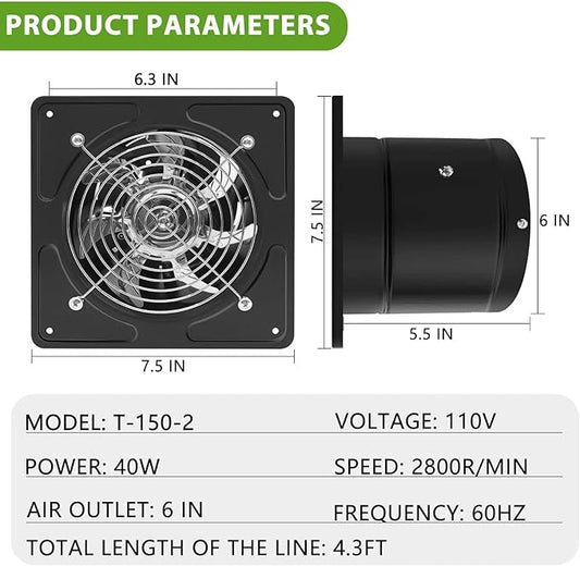 6 Inch Kitchen Exhaust Fan with Speed Controller,235CFM Wall Exhaust Fan,115V 40W Ventilation Blower for Kitchen,Meeting Room,Shop, Smoking Room, Industrial Ventilation Use (6-inch Black)