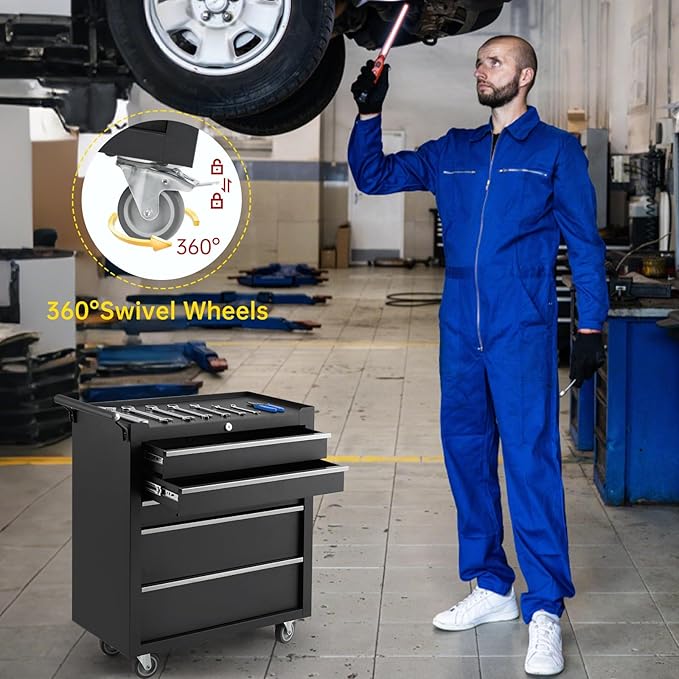 Professional 24 Inch 5-Drawer Tool Chest on Wheels, Constructed with Durable Cold-Rolled Steel, Features 4 Swivel Locking Casters & Full-Extension Drawer Slides, Mobile Tool Storage for Mechanics and