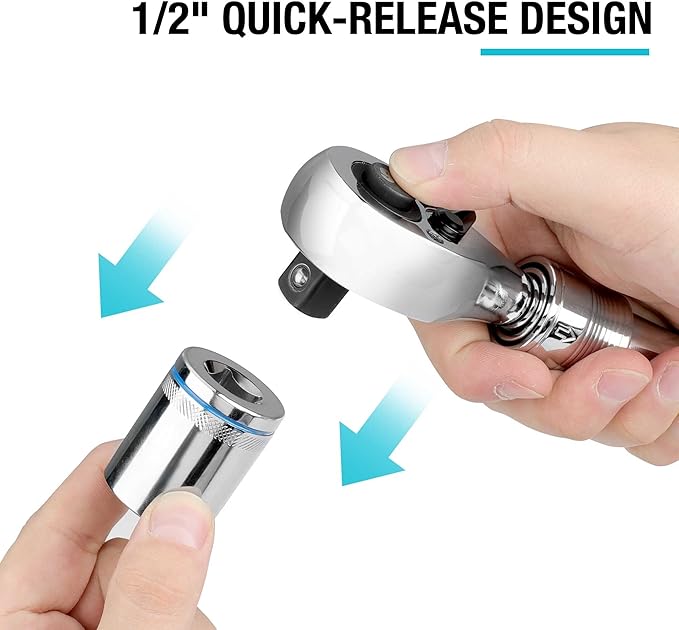 DURATECH 1/2-Inch Drive Extendable Ratchet, 90-Tooth Quick-release Ratchet Wrench with Cushion Handle & Telsecoping Locking Shaft (5 Length Adjustment: 11-4/5" to 17"), Reversible, Chrome Alloy Made
