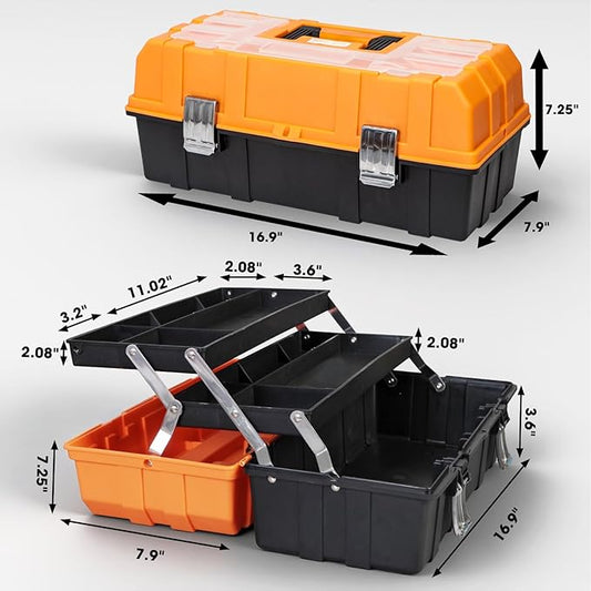 Torin 17-Inch Plastic Tool Box,3-Tiers Multi-Function Storage Portable Toolbox Organizer, Black/Orange ATRJH-3430T