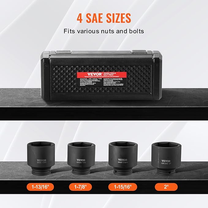 VEVOR Axle Nut Impact Socket Set - 1/2" Drive 6-Point 4-Piece SAE Spindle Nut Socket CR-MO Heat Treated Large Socket Set with Storage Case for Auto Repair, Removing or Installing Axle Nuts