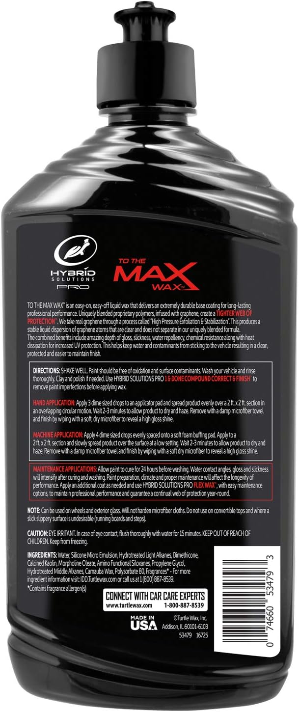 Turtle Wax 53479 Hybrid Solutions Pro to The Max Wax Graphene Liquid Wax, Patent-Pending Advanced Paint Protection, Extreme Gloss High Shine Finish, for Cars Trucks and More, 14 oz. (Pack of 1)