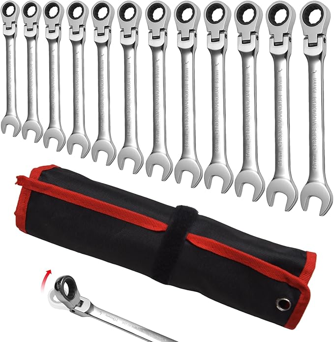 WISEUP 12Pcs Ratchet Wrench, CR-V Chrome-vanadium Steel 8-19mm Wrench, 180 ° Adjustable Combination Wrenches, Double-end Ratchet Wrench, Anti-slip Rust-proof, Labor-saving Tools