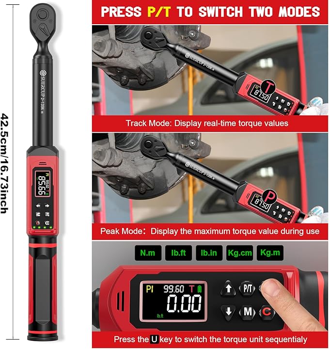 3/8-inch Digital Torque Wrench(1.5-99.6Ft.Lb/2-135Nm) ±1% Accuracy Digital Torque Wrench with Vibration, Buzzer,LED Notification and Five Units of Measure, for Motorcycle, Auto Repair