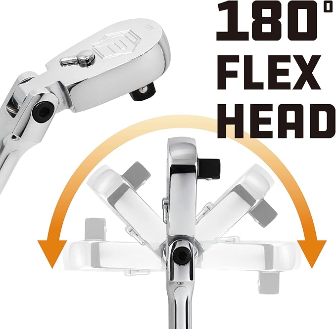 Powerbuilt 1/4-Inch Drive Flex Head Ratchet Handle, 72 Tooth Seal Head Ratchet Wrench, Full-Polish, Compact Teardrop Ratchet Head - 649933