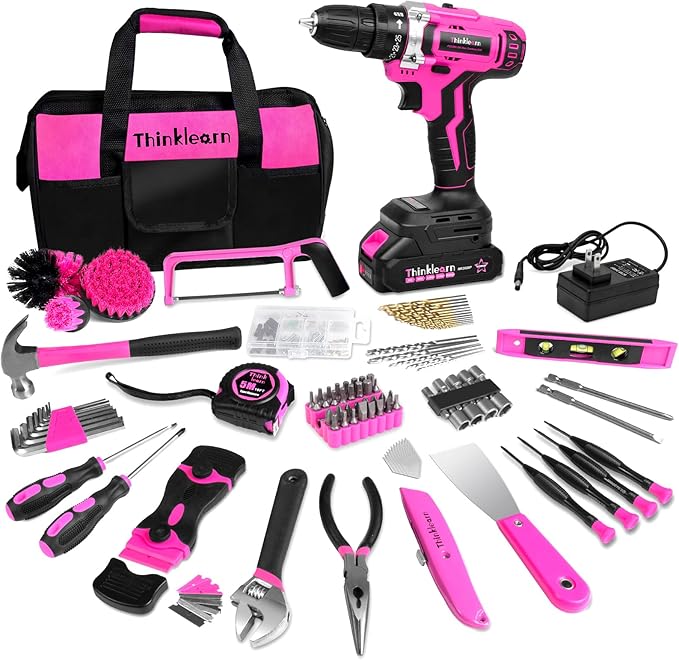 ThinkLearn Tool Kit with 20V Cordless Drill(265in-lbs), Pink Drill Set for Women, Lady's Home Tool Kit for DIY, Daily Repair Tool Set as a Creative Gift with a Large-Capacity Tool Storage Bag