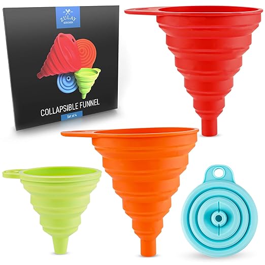 Zulay Kitchen Silicone Collapsible Funnels for Kitchen – 4 Pack Foldable Food Grade Funnels, Small & Large, Heat Resistant, BPA-Free – Funnel Set for Filling Bottles, Jars, Oil & Liquid Transfer