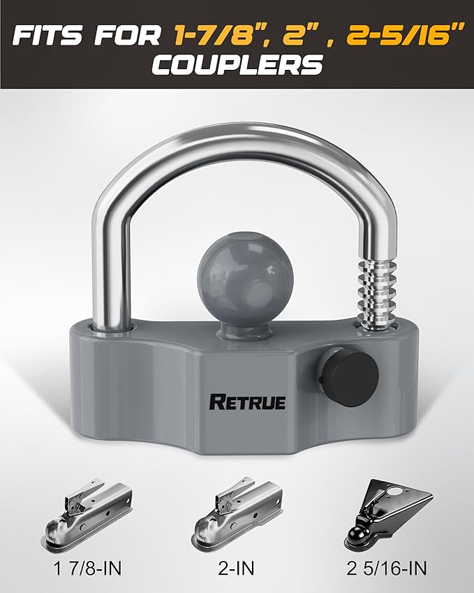 RETRUE Heavy-Duty Universal Widened Coupler Lock Fits 2-5/16 Inch Trailer Ball Locks Hitch Trailer Hitch Lock Adjustable Security Steel Fits 1-7/8 Inch, 2 Inch, 2-5/16 Inch Couplers, Upgraded Gray