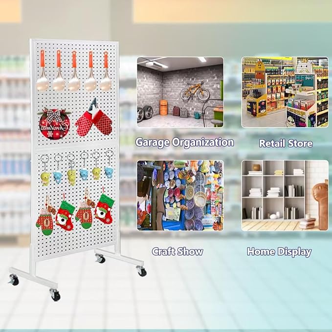 NectaCol 2'x 5' Standing Pegboard Display with T-Base, Pegboard Display Stand with Wheels, Metal Peg Board Display Rack, Art Display Stand, Extra 10 Pieces Hooks - White