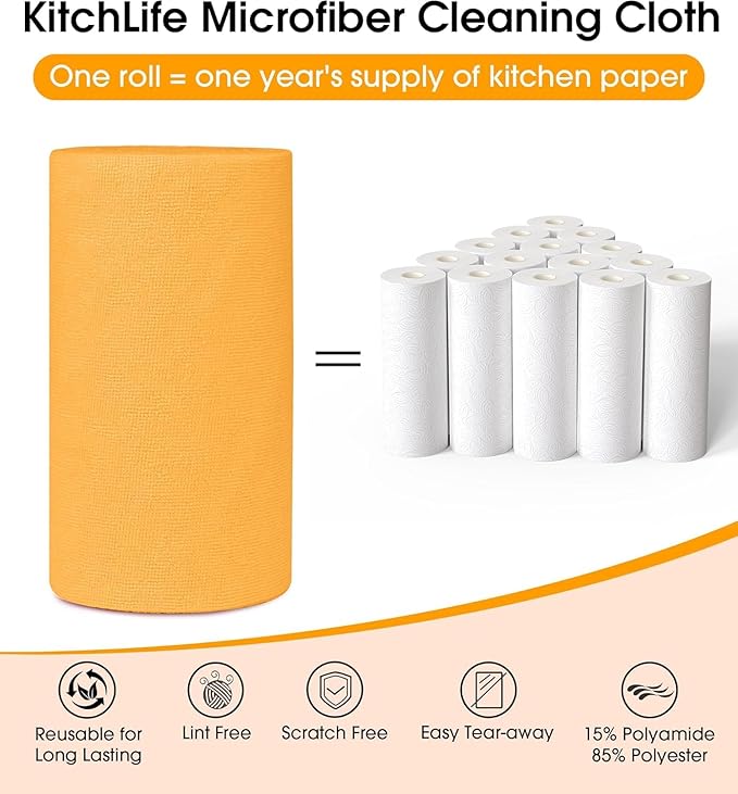 KitchLife Microfiber Cleaning Cloth Roll, 100 Pack - Tear-Away Microfiber Paper Towels, Lint-Free, Reusable, Washable for Kitchen, Car, Dishes, and Sensitive Surfaces (Tangerine Yellow)
