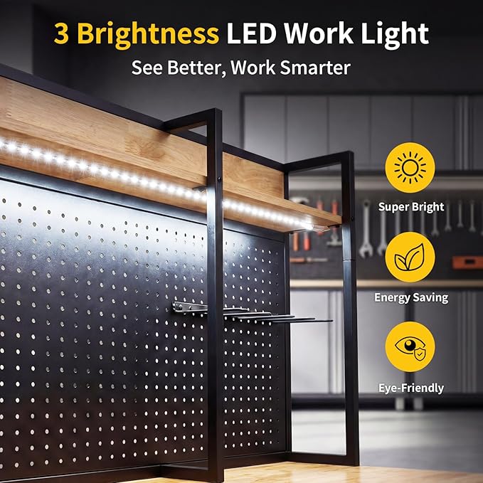 48" Heavy-Duty Garage Workbench with LED Light & Power Outlet, 1200LB Capacity Tool Table with Pegboard, Storage Shelves, USB & Type-C Ports for Woodworking Shop, Garage, Home