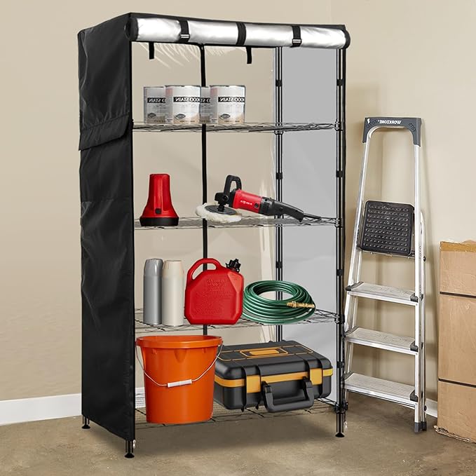 Wire Shelf Cover,600D Heavy Duty 100% Waterproof Shelf Covers for Wire Shelving,Outdoor Storage Shelves Cover for Metal Rack,48" W x 18" D x 82" H,Black with Clear Front