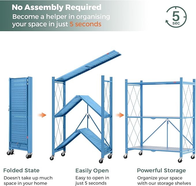 DEANIC 3 Tier Foldable Storage Shelves with Wheels, Kitchen Appliance Stand, Freestanding Metal Wire Shelf Rack, No Assembly Organizer Rolling Cart for Garage, Basement, Pantry(Blue Pack of 2)