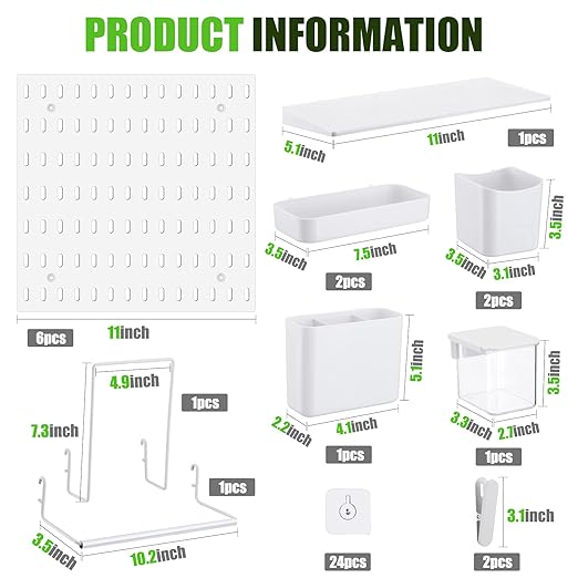 Unittype 17 Pcs Peg Board Combination Kit, 6 Plastic Wall Pegboard with 11 Accessories, 33" x 22" Desk Pegboard Organizer with Shelf Hook for Office, Kitchen, Gaming, Garage, Craft Room(White)
