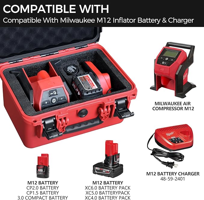 Case for Milwaukee M12 2475-20 Compact Inflator – Waterproof Hard Shell Air Pump Storage Box with Shockproof Foam, Fits Tool, Battery & Charger – Dustproof Heavy-Duty Carry Case (Case Only)
