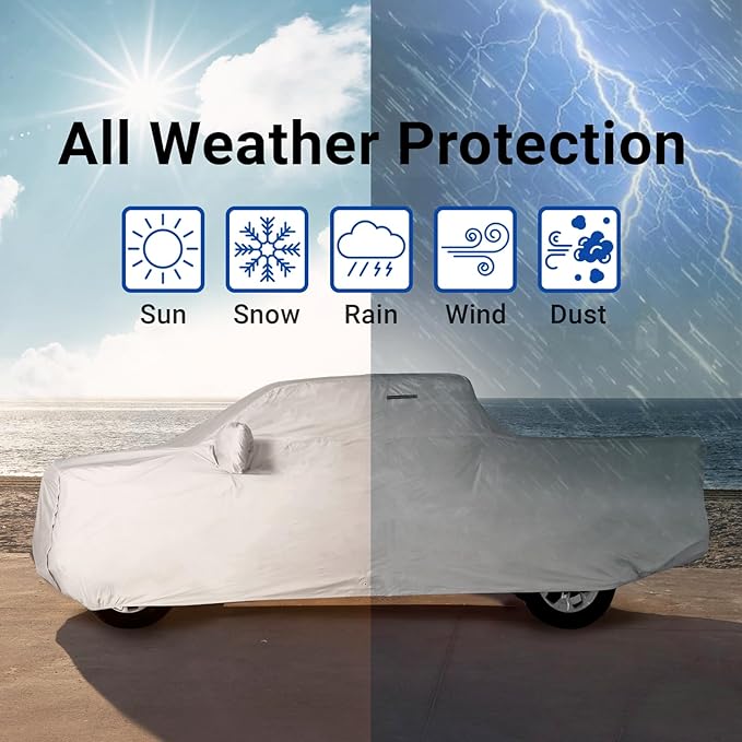 iCarCover Premium Plus Truck Cover Waterproof All Weather Rain Snow UV Sun Protection, F-150 250, C/K 3500, Silverado, Ram, Tundra, Sierra, Titan, Size T70 (See Size Chart) Stripe - Light Gray/Black