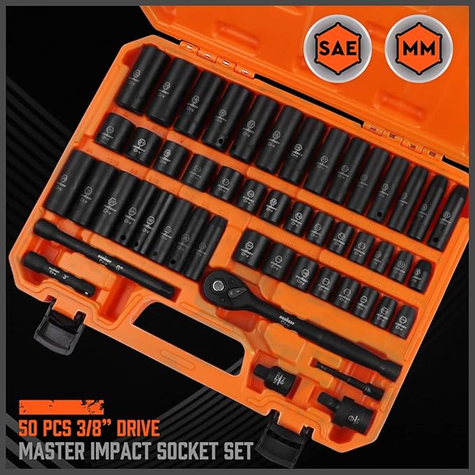 HORUSDY 50-Piece 3/8" Drive Impact Socket Set, Standard SAE (5/16 to 3/4 inch) and Metric (8-22mm) Size, 6 Point, Cr-V, 3/8-Inch Drive Ratchet Wrench, Drive Extension Bar, Impact Universal Joint